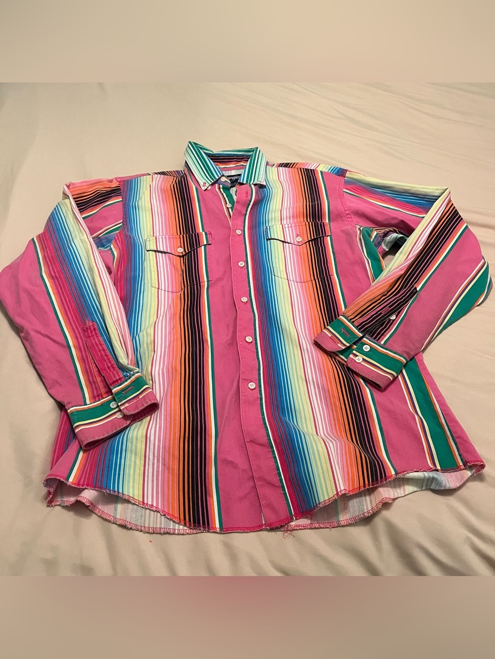 Vtg Wrangler Brushpopper Cowboy Cut X-Long Tails Multicolor Stripe Serape Shirt